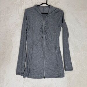 Athleta Womens Gray Heathered Ruched Full Zip Longline Hoodie Thumbholes Small